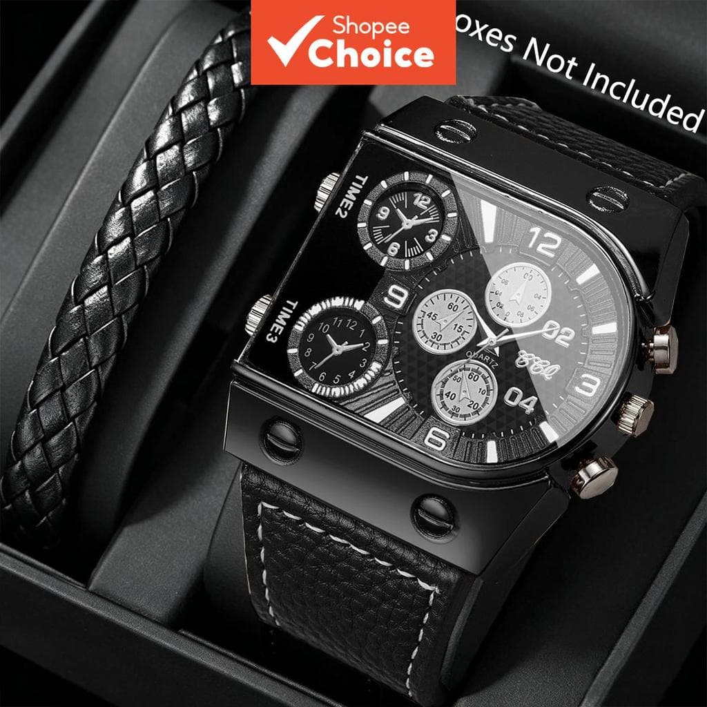 Conjunto De Relógio De Quartzo Masculino Luxo Com Mostrador De Cinco Olhos Pulseira De Couro Quadrada Esportiva 2 Peças