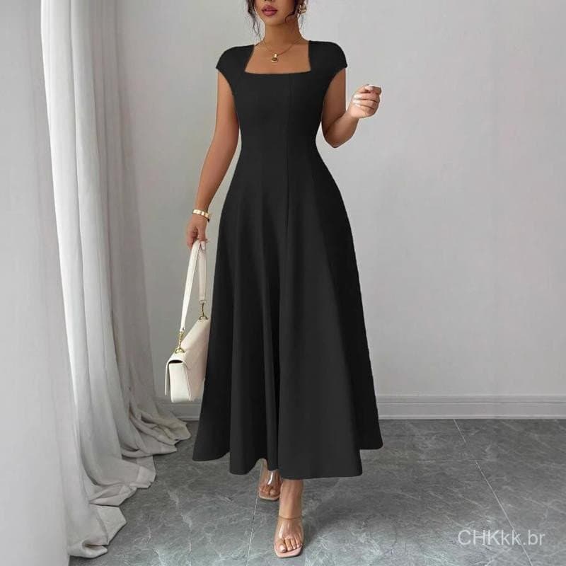 Vestido Longo Elegante de Manga Curta com Decote Quadrado em Cor Sólida para Mulheres