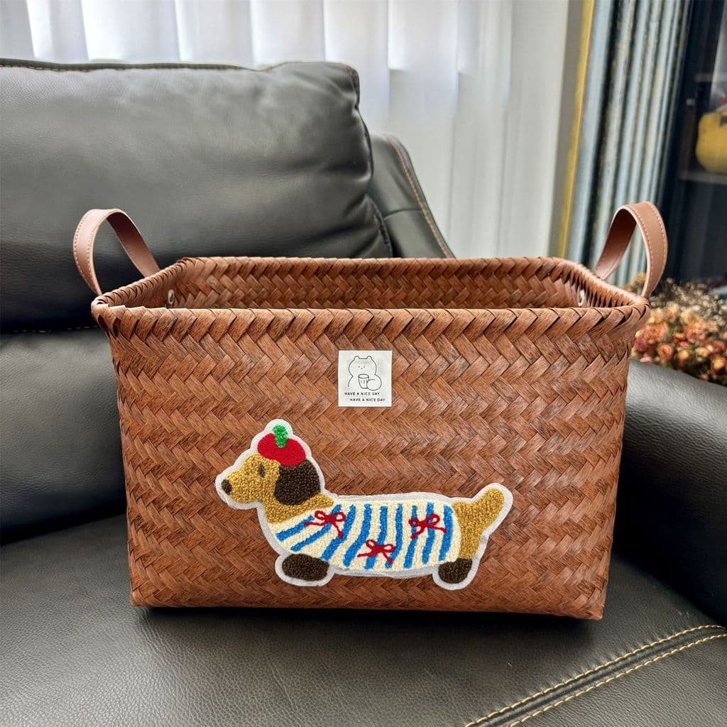 Cesto de roupa suja em PU estilo rattan com design de cachorro dachshund, estilo americano, com alça, para guardar roupa