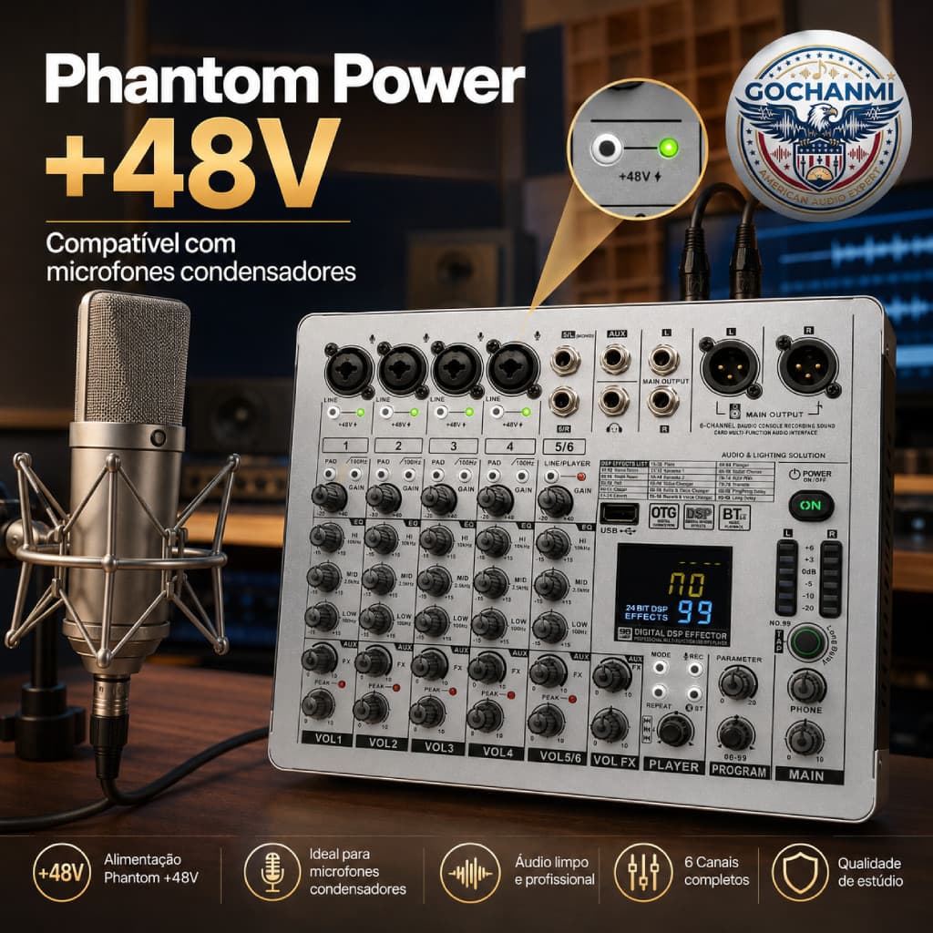 Mesa de Som 6 Canais Bluetooth Bivolt GOCHANMI MB6 Interface USB OTG Para Gravação e Live