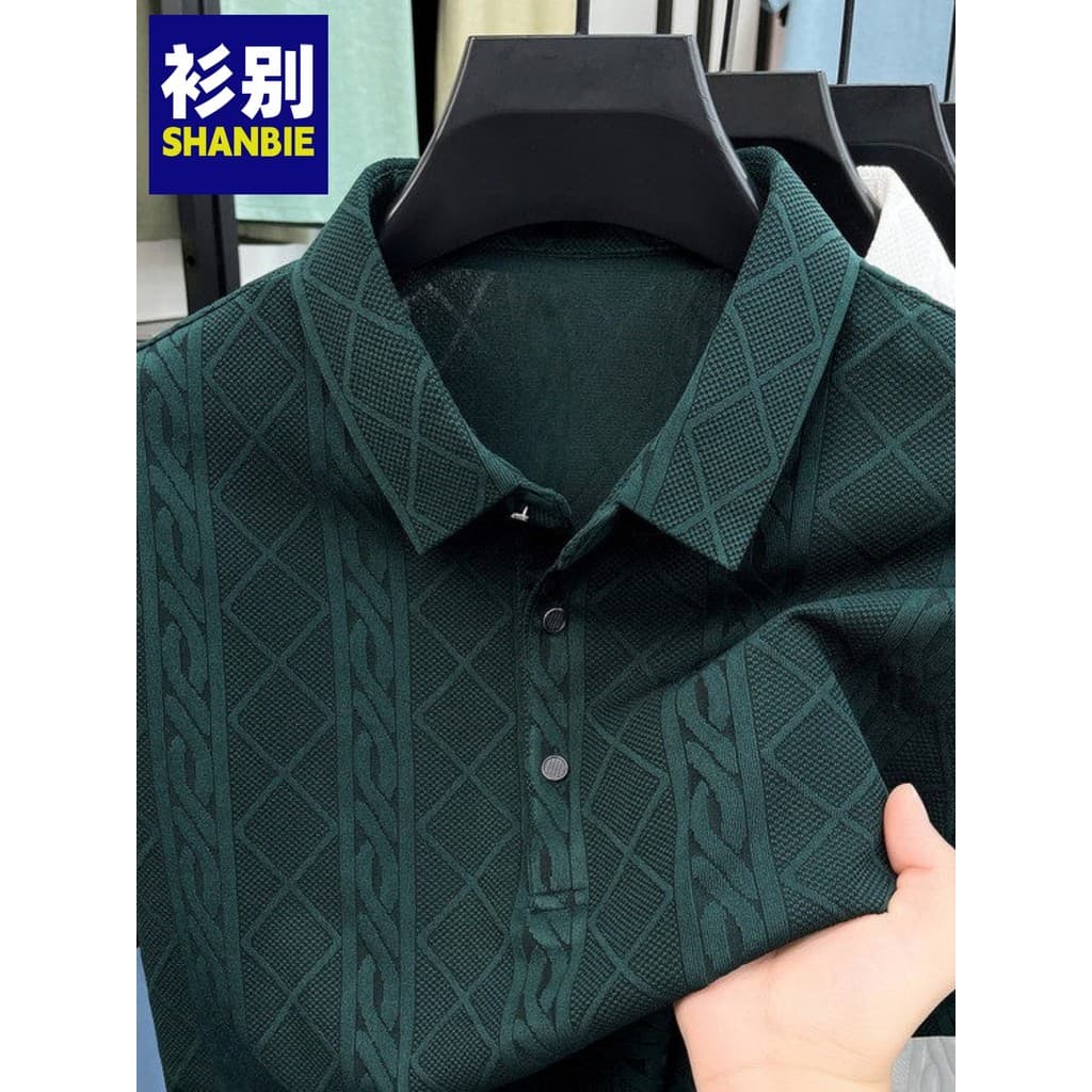2026 verão novo estilo masculino de seda gelo manga curta camiseta lapela listrado camiseta Casual All-Match topo camisa
