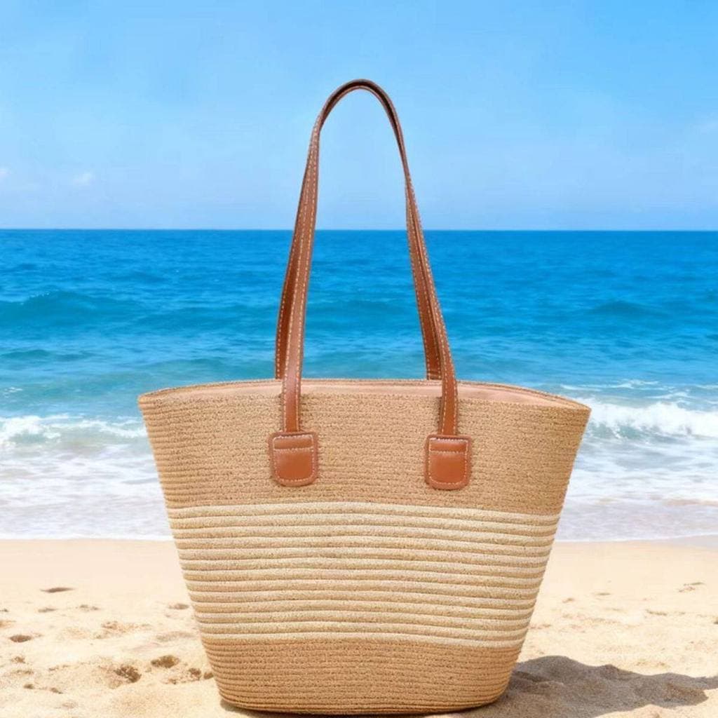 Saco de palha feminino grande capacidade 2025 novo estilo férias praia saco de palha tecido balde saco cesta vegetal bei