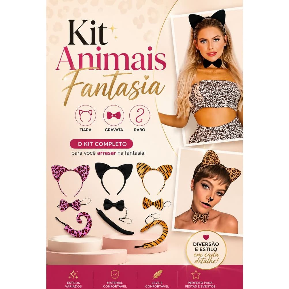 Kit Tiara Animal Gato Oncinha Com Gravata Rabinho Cosplay