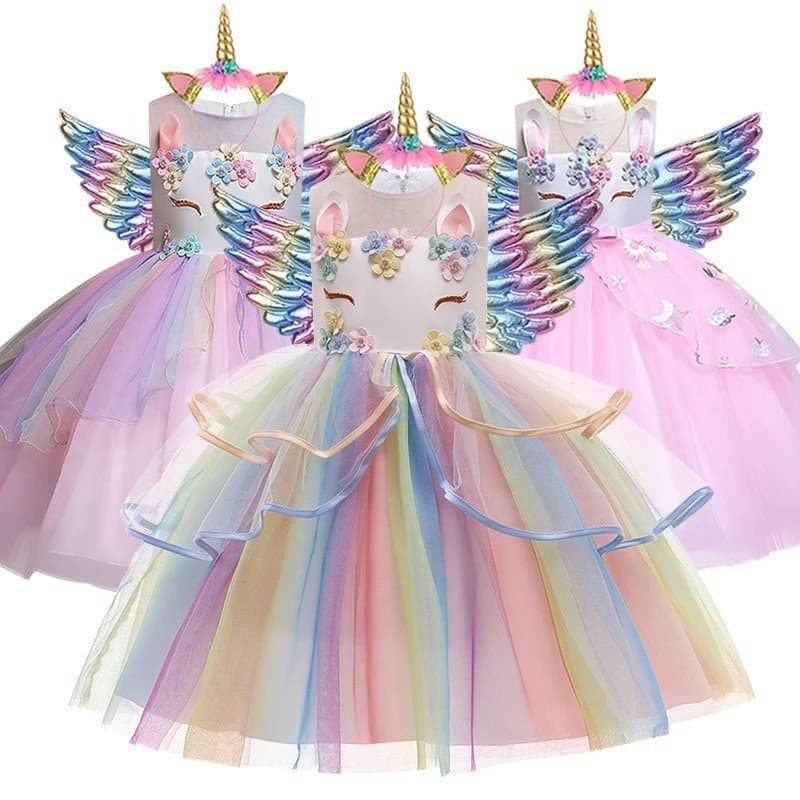 Conjunto de Vestido de Festa de Aniversário com Tema de Unicórnio para Meninas, 3 Peças. JOF3