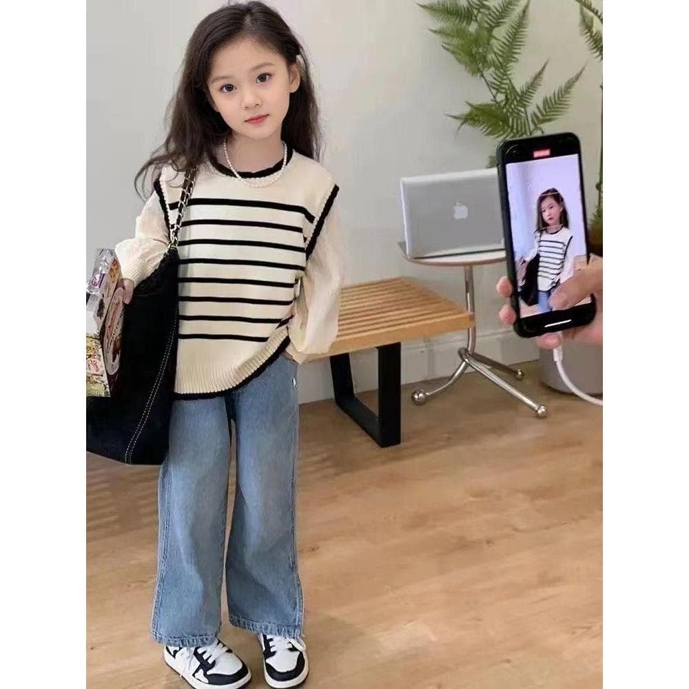 Meninas malhas 2026 primavera outono novo estilo camisola infantil falso colete de duas peças meninas primavera outono l