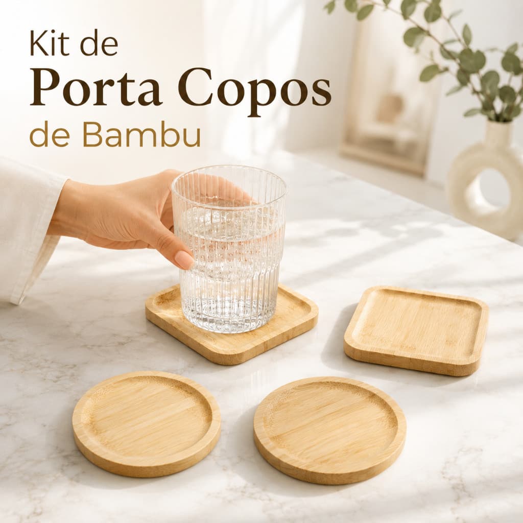 Kit Porta Copos Descanso Redondo Quadrado Pires Xicara Bambu