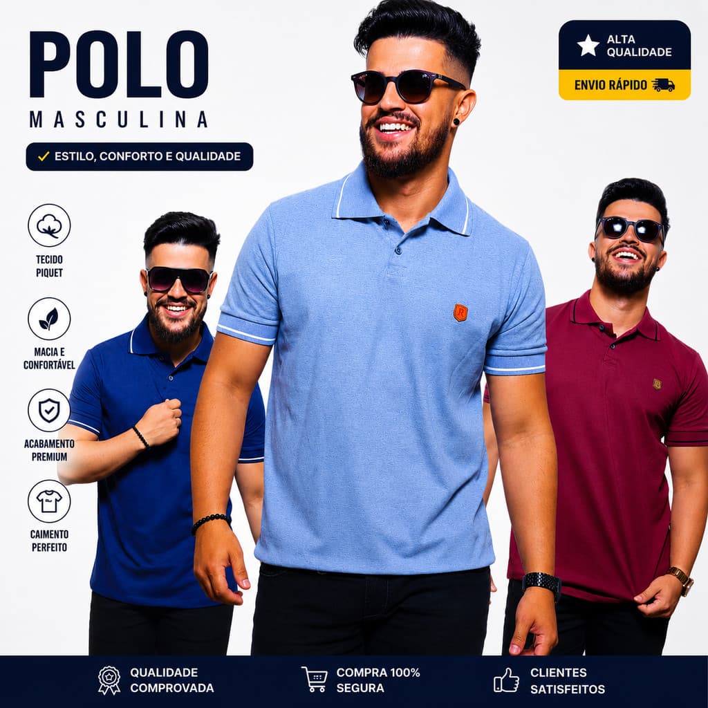 Kit com 3 Camisas Polo Masculina 100% Algodão Fio 30.1 Casual Manga Curta