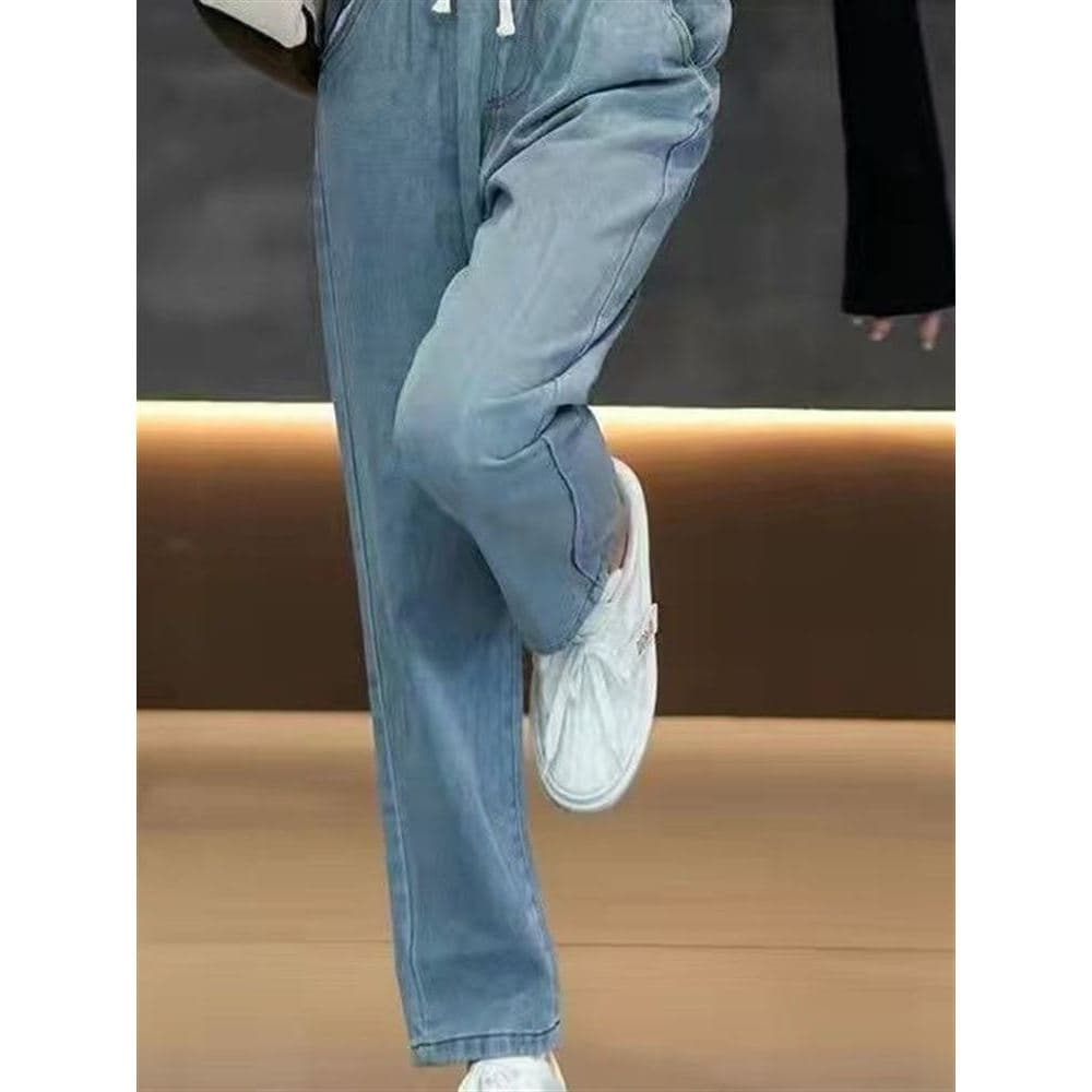 Hong Kong estilo Street Wear primavera outono cintura alta Jeans feminino solto em linha reta calças de perna larga All-