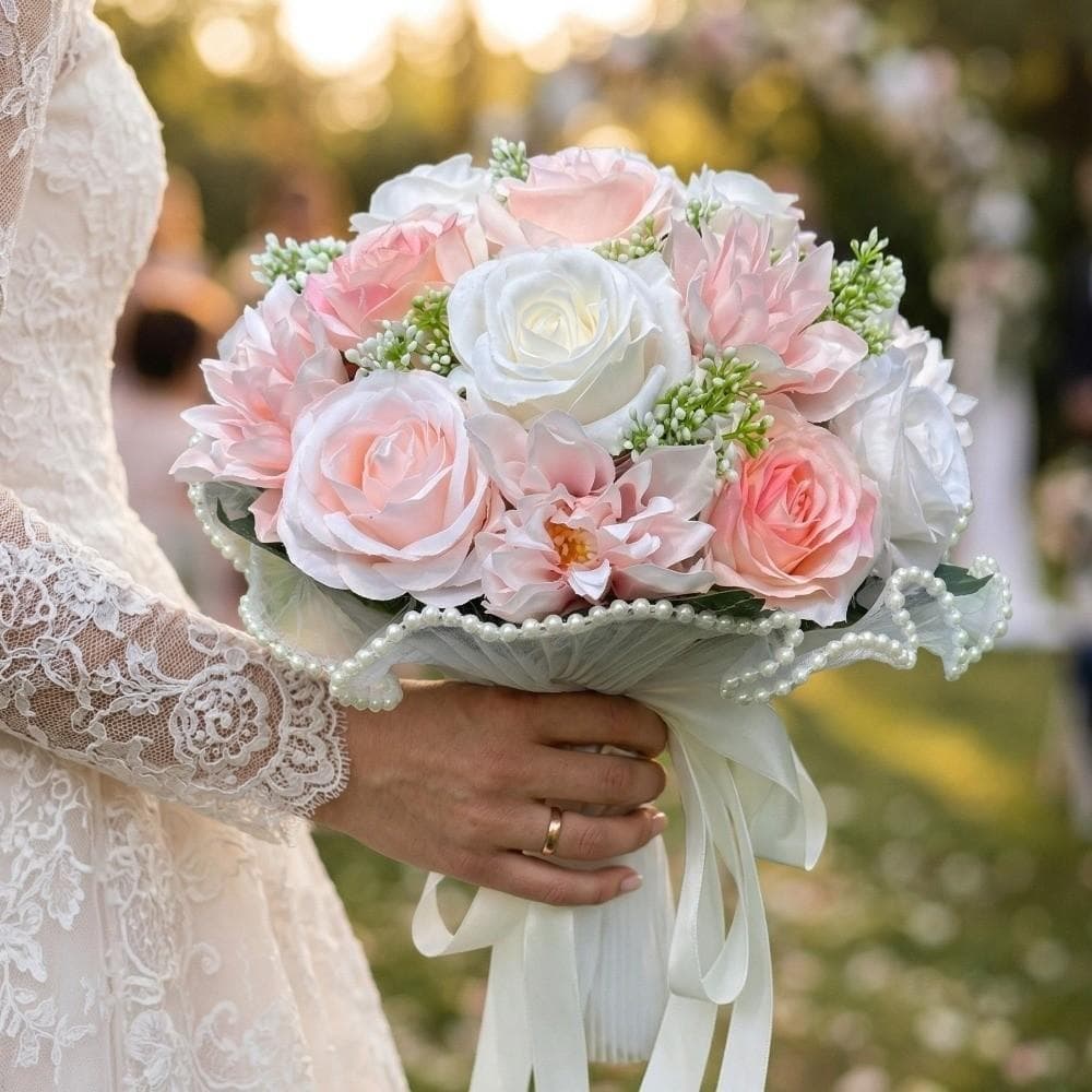 Buquês De Casamento Românticos , Buquê De Noiva Requintado Com Respiração De Bebê Rosas Brancas Renda De Pérol