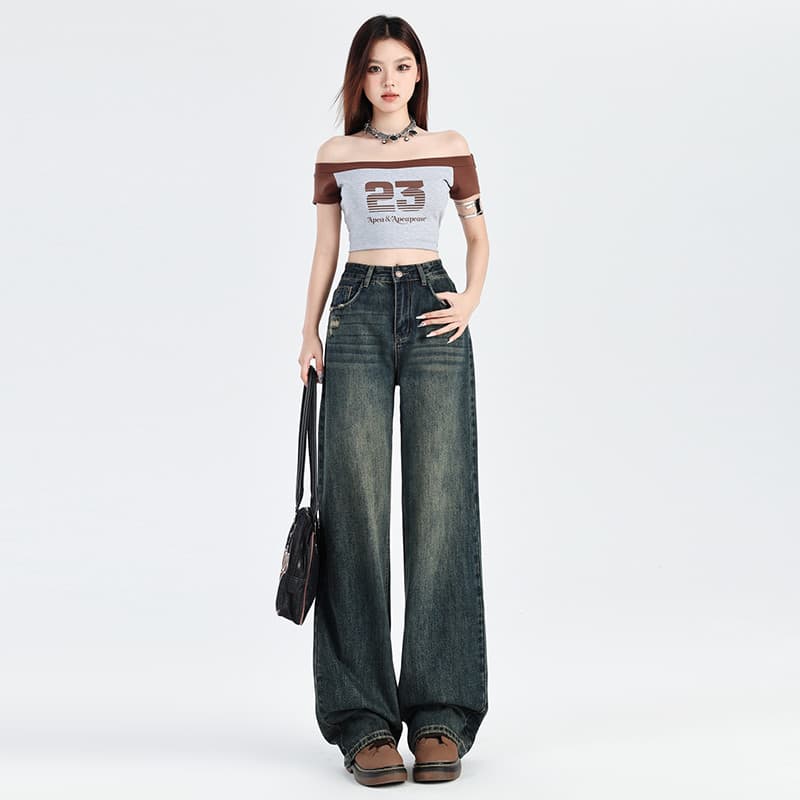 Cimento cinza Jeans feminino 2026 primavera outono novo estilo cintura alta mais magro olhar rasgado em linha reta calça