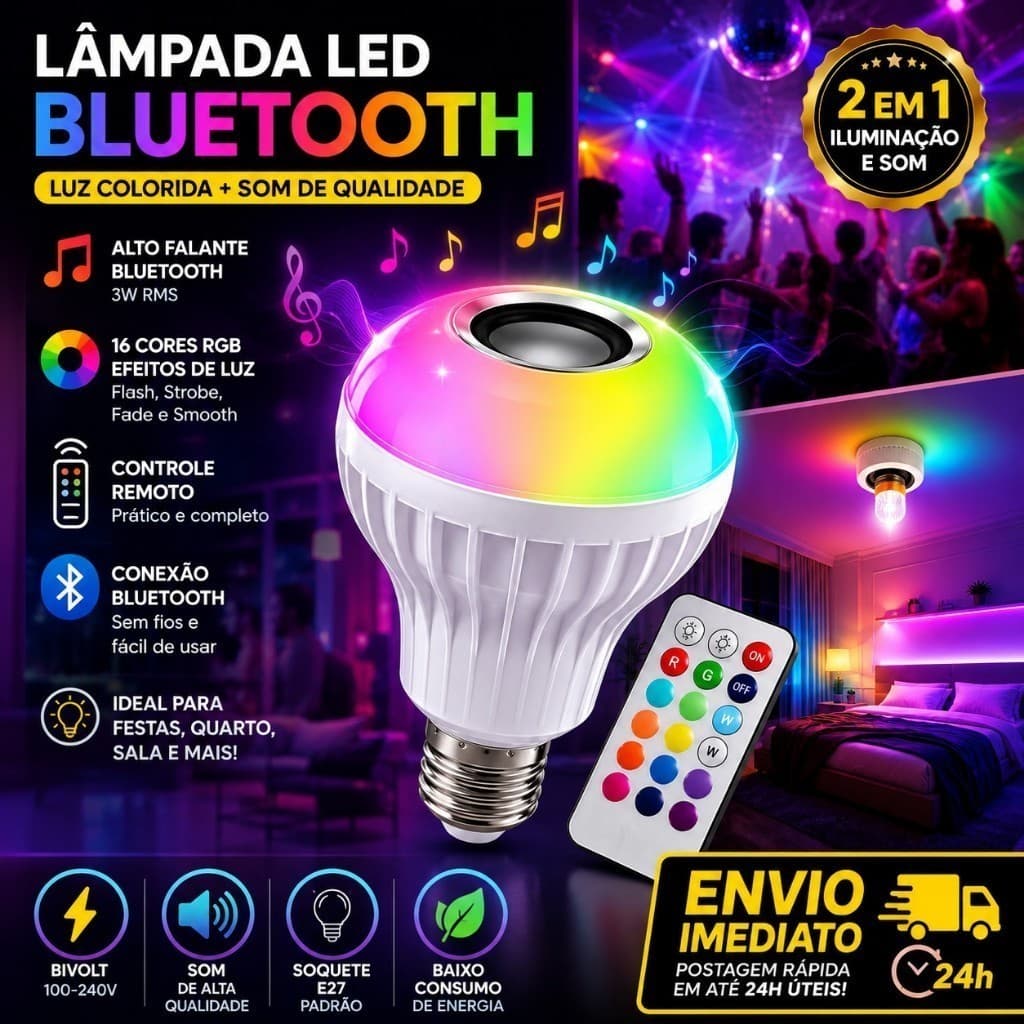 Lâmpada LED Bluetooth RGB com Caixa de Som Controle Remoto 2 em 1 Luz Colorida Ambiente Festa