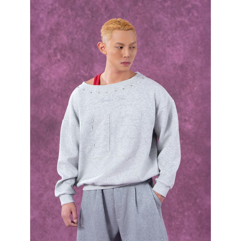 CLP Cinza Vermelho Ombro Largo Patch Rebite Design Moletom de Manga Longa Masculino Casual Solto Pulôver Americano Top S