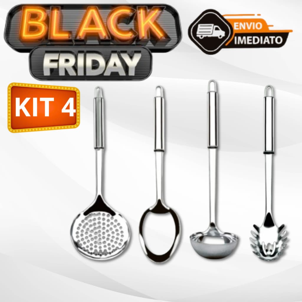 Kit Utensílios de Cozinha 04 Peças Em Aço Inox Colher Escumadeira Concha Pegador de Massa