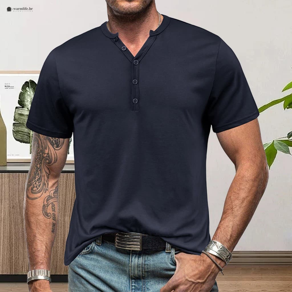 Camisa Masculina Slim Fit De Manga Curta Com Botões – Roupa Casual De Verão Decote Em V Para Ambientes Internos E Extern