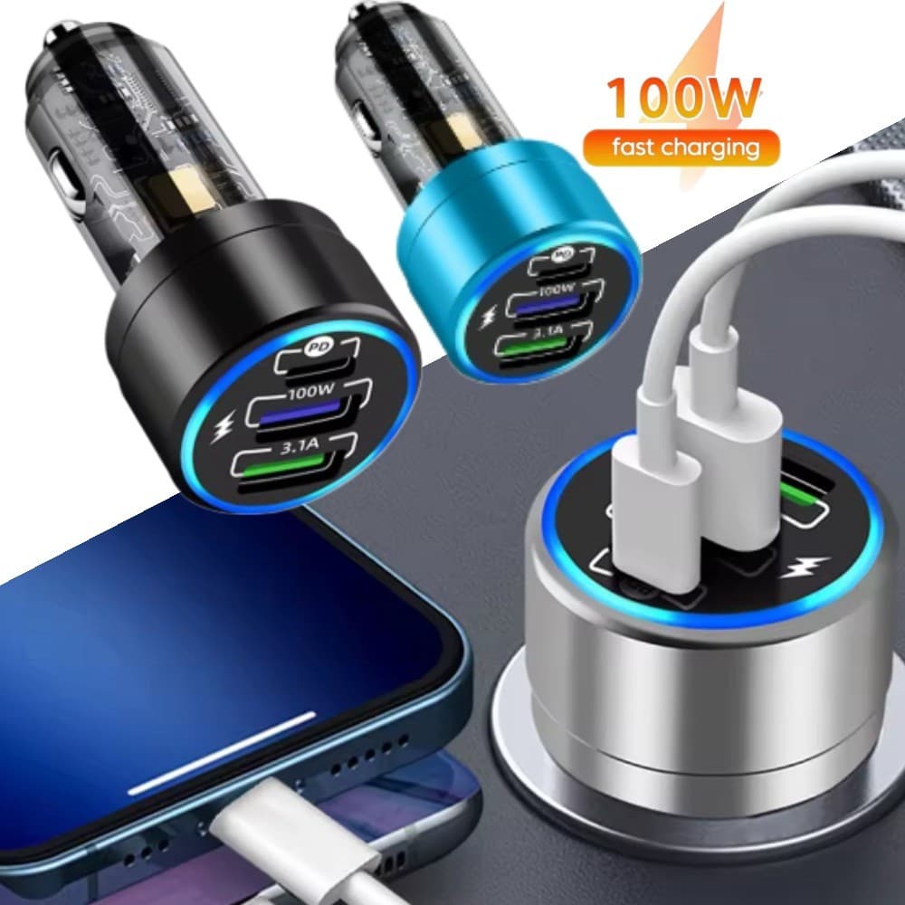 Carregador De Carro 100W Carregamento Rápido 3 Portas Dual PD USB Type C QC3.0 Display Digital Telefone Transparente Par