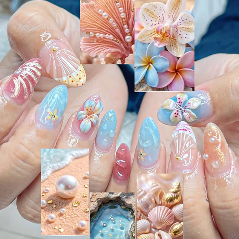 30 peças estilo oceano usar unhas coloridas tridimensional flor pérola gradiente amêndoa tipo 3D peças de Manicure tridi