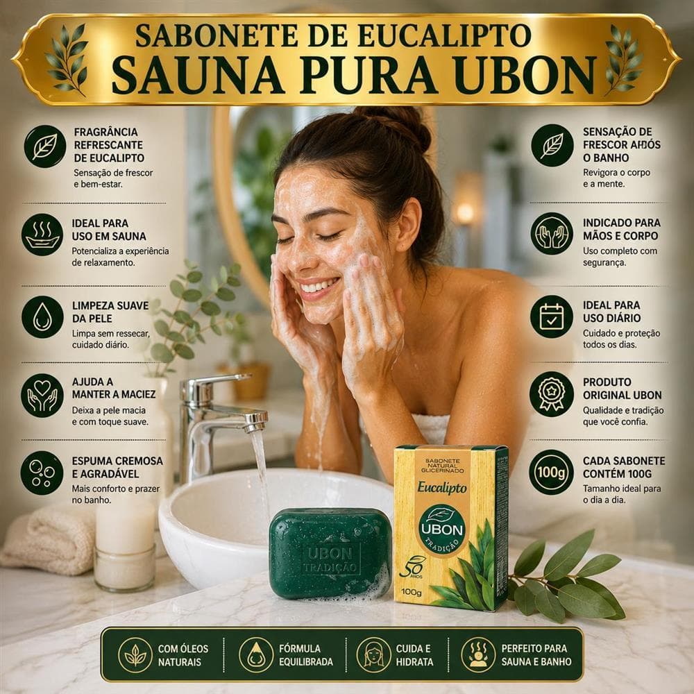 Kit Sabonetes Glicerinados Eucalipto Ubon 100g Natural para Sauna Banho Refrescante e Pele Macia