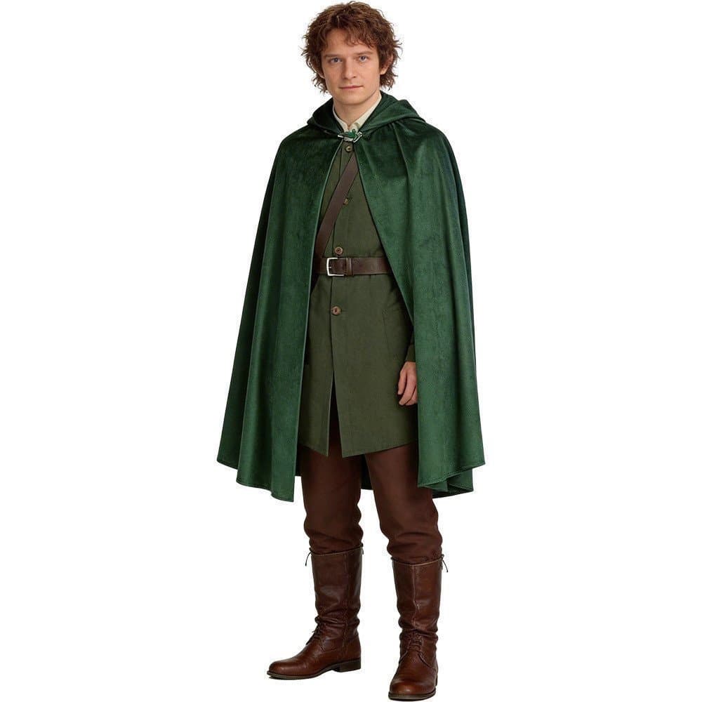 Fantasia de Cosplay do Frodo de O Senhor dos Anéis e O Hobbit, Capa Verde com Capuz. Fantasia completa de cosplay de fan