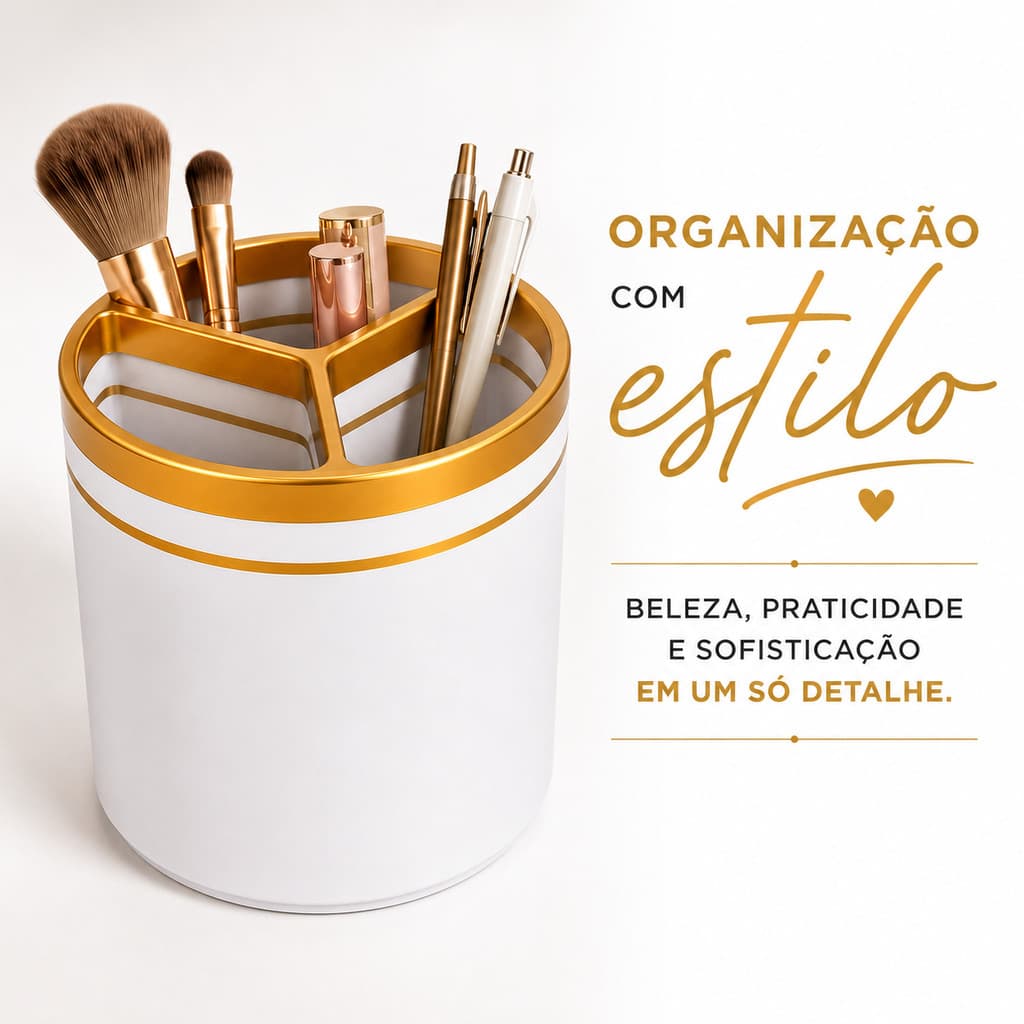 Porta Pincéis de Maquiagem Luxo | Organizador de Maquiagem Branco e Dourado | Pote Decorativo em PLA Premium 3D