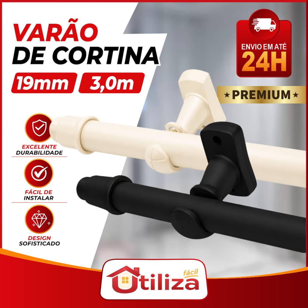 Kit Varão de Cortina 19mm 3,00m em AÇO para Sala, Quarto, Cozinha, Escritório Resistente e moderno