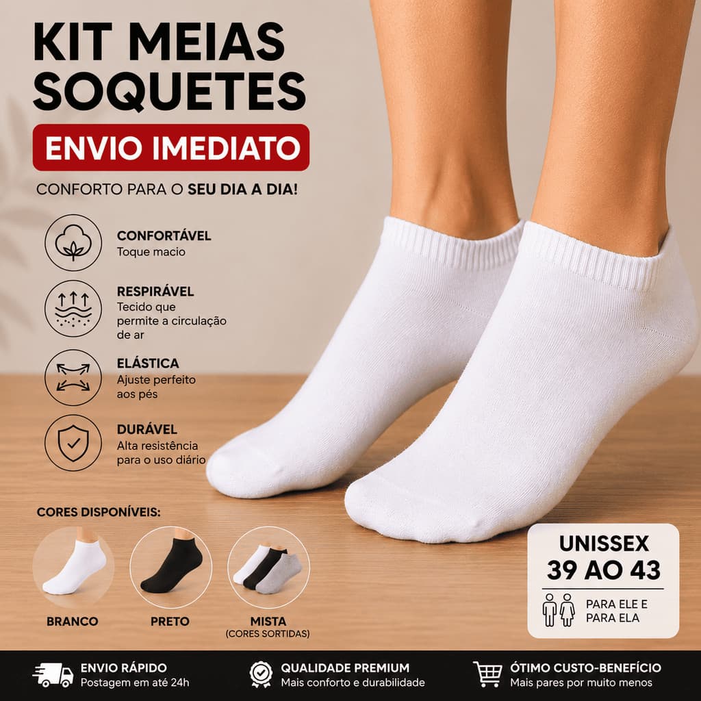 KIT 12 PARES MEIA SOQUETE UNISSEX TAM 39 AO 43
