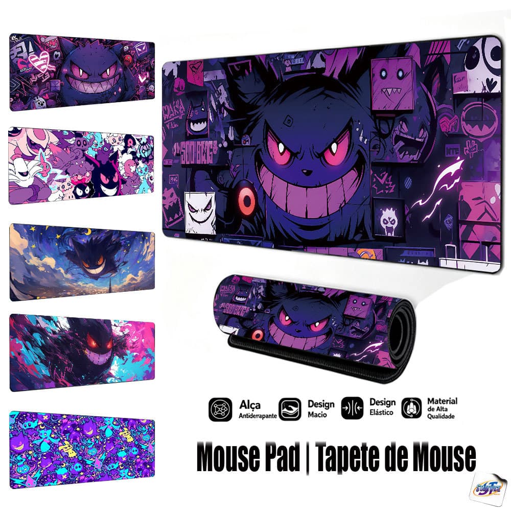Mouse Pad Gamer Tapete de Mouse 80x30cm Gengar Desenho, Base de Borracha Antiderrapante Borda Costurada FPS Escritório