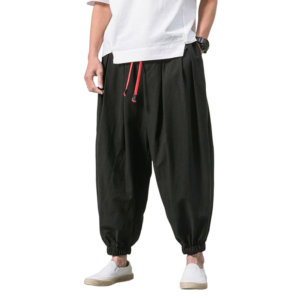 Mid-rise Elastic Waist Pants Solid Color Trousers Men's Loose Harem Baggy Bloomers with Deep Crotch Drawstring Plus Size