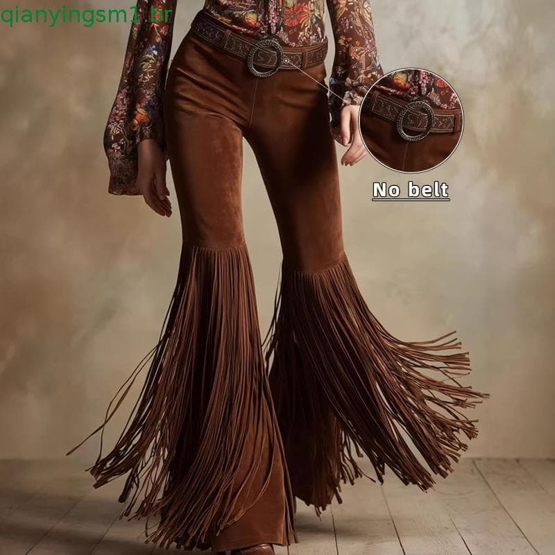 Calças Femininas De Camurça Sintética Com Franjas , Cintura Alta , Largas , Vintage , Ocidental , Cowgirl , Boho , Sino