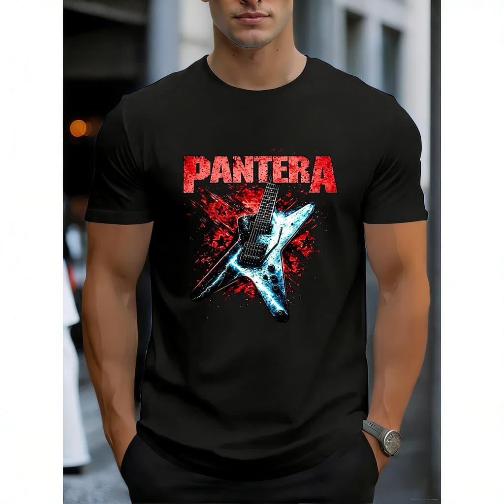 Camiseta Masculina Estampa Guitarra Eletrica em Formato de Estrela com Letras Pantera Estilosa Moderna e Premium Rock