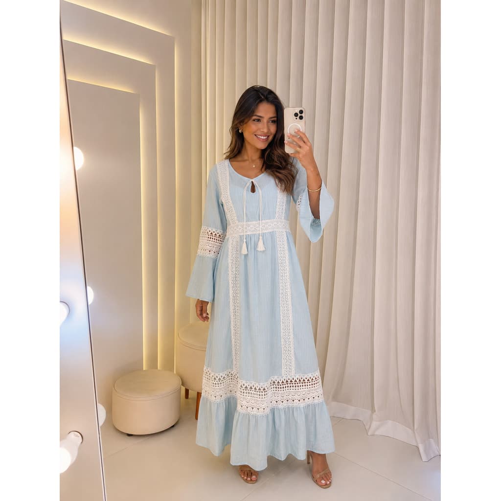 Vestido Longo Feminino com Renda Guipir Manga Flare Boho Casual Chic Premium-MHI-591