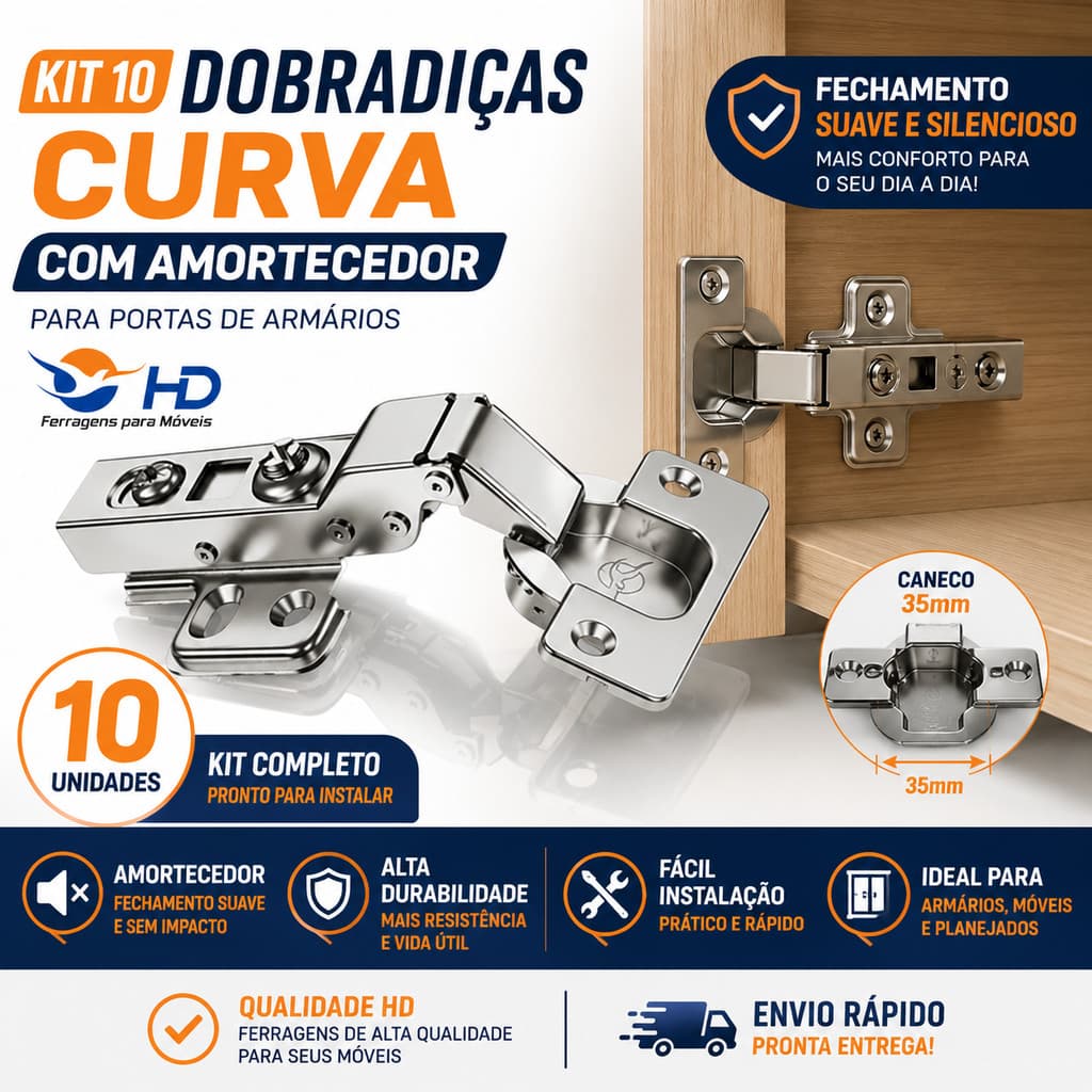 Kit 10 Dobradiças Curva Amortecedor Porta Armário 35mm - Hd
