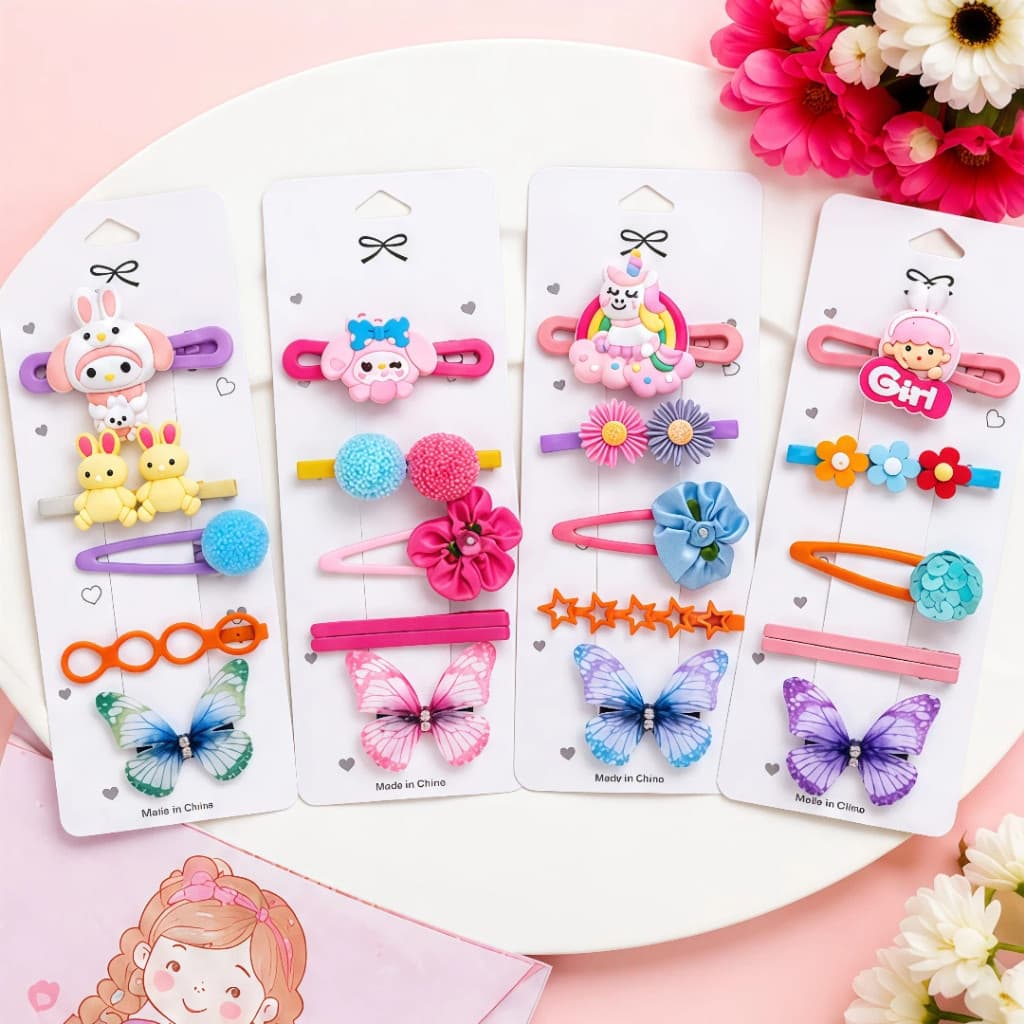 Kit Grampos de Cabelo Infantil 5 Peças Presilhas Decoradas Menina Borboleta Flor Unicórnio