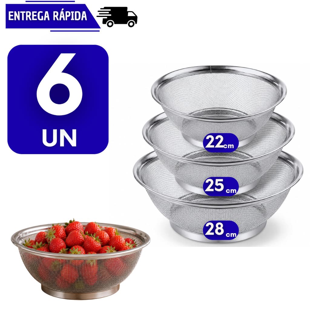 Kit 6 Cesto Peneira Escorredor em Aço Inox Cozinha Massa Fritura Legumes Frutas Fruteira Escorrer Arroz Resistente
