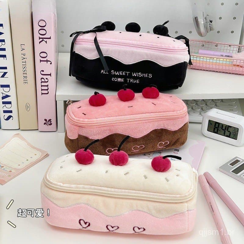 Estojo de Lápis de Pelúcia em Forma de Cereja, Grande Capacidade, Bolsa Kawaii para Meninas e Crianças, Volta às Aulas