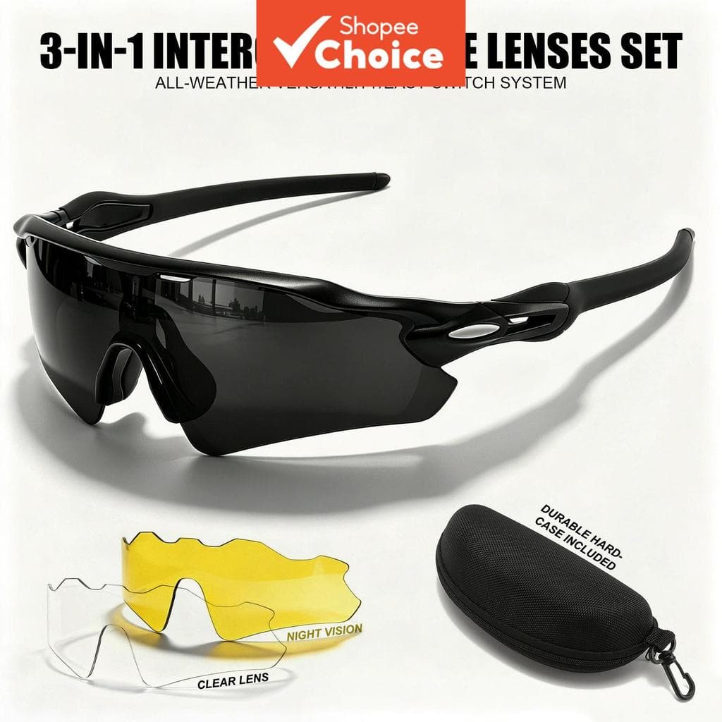 3 Em 1 Lentes Intercambiáveis Óculos De Sol Para Ciclismo Com Estojo Rígido Uv400 Visão Noturna Homens Mulheres Esportes