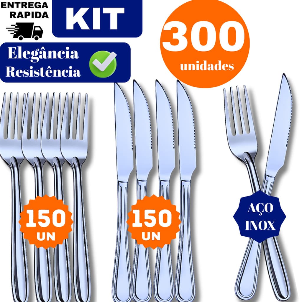 Jogo 300 Talheres Mesa150 Garfo 150 Facas Inox  Cozinha Restaurantes Atacado Buffet Talheres Faqueiro Festa Churrascaria