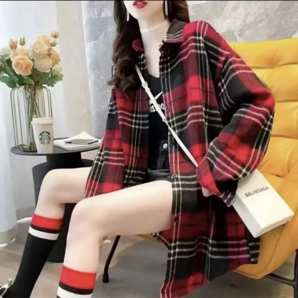 Camisa xadrez versátil para a primavera, corte solto estilo coreano, camisa feminina vintage e moderna para o outono de