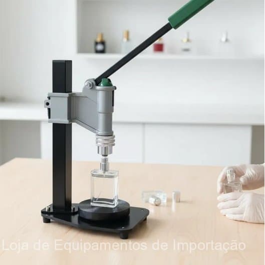 Máquina de prensa manual de bancada ajustável em aço inoxidável para selar pequenos frascos de amostras de cosméticos e