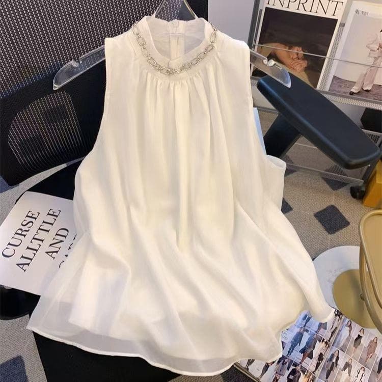 Chiffon estilingue indústria pesada diamante Halterneck chiffon camisa feminina Design de verão sem mangas pequeno topo