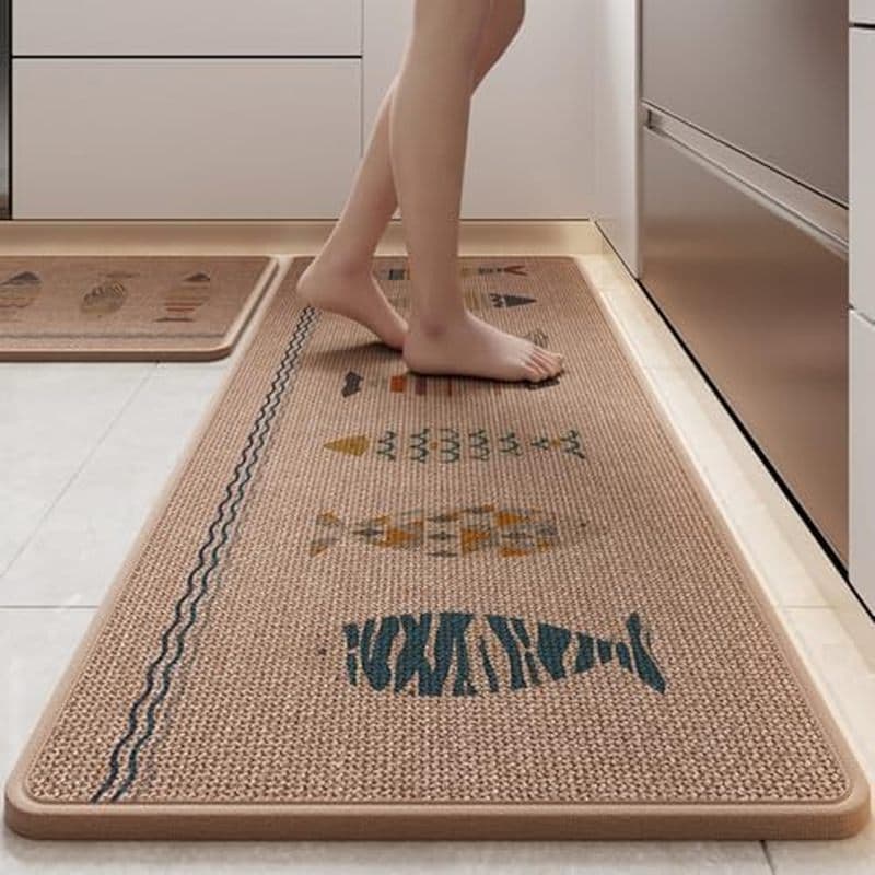 Tapete Antifadiga De Cozinha Espesso , Design Com Estampa De Peixe , De Linho Acolchoado (Cor Bege , 18'x47)