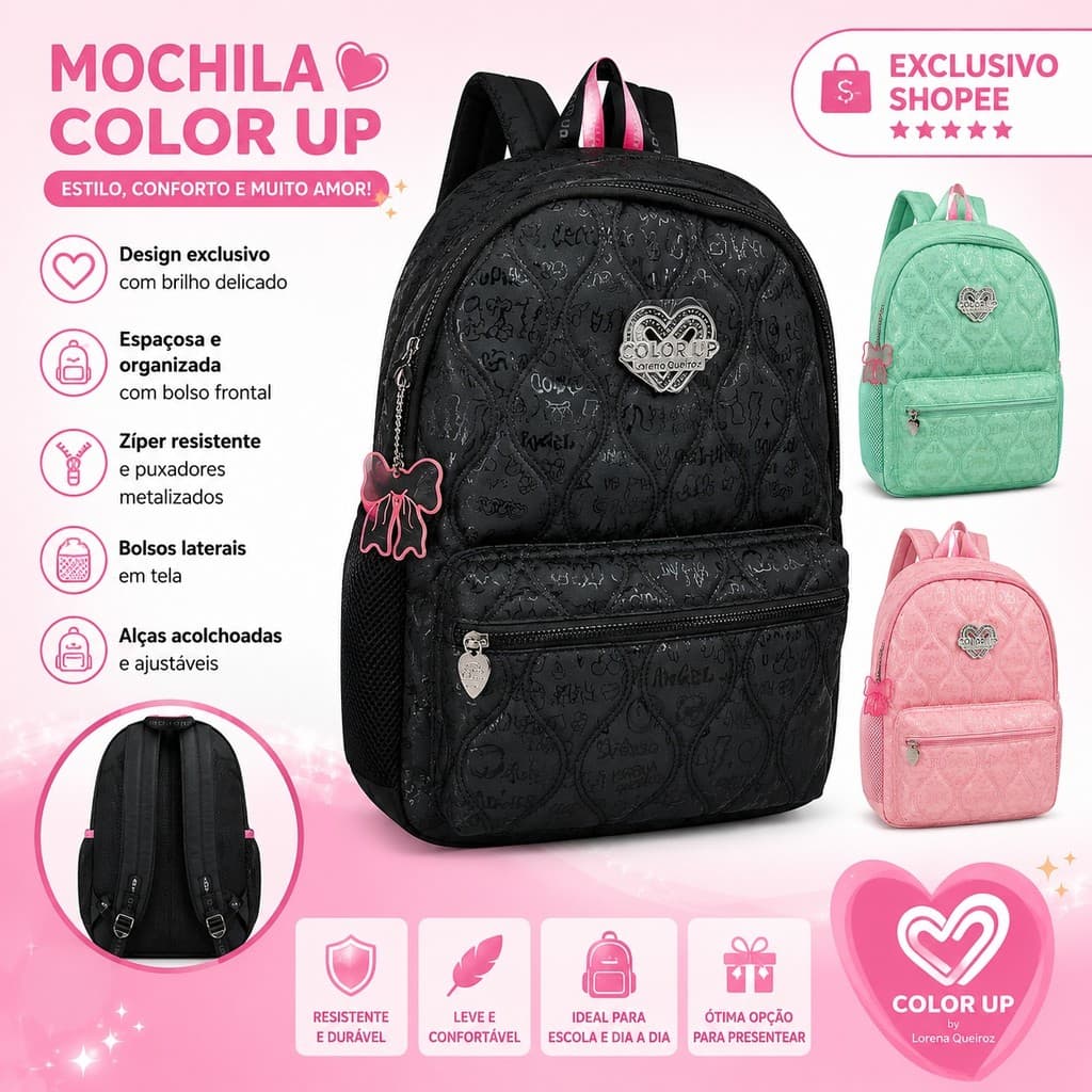 Mochila Escolar Feminina Color Up Resistente Reforçada Grande Preta Rosa Verde Água