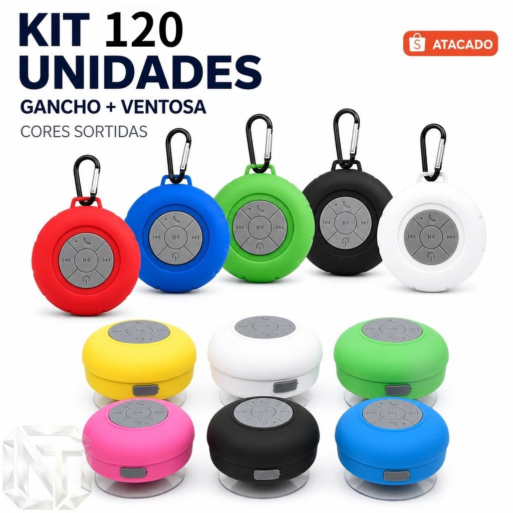 Atacado 120 Unidades Caixa de Som Bluetooth IPX5 Portátil com Ventosa Gancho, À Prova D'água para Banho e Revenda