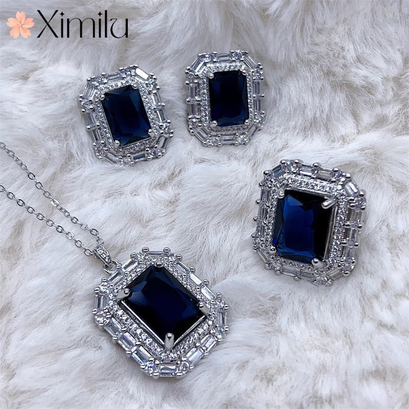 ❤ Original quadrado grande azul cristal conjunto de jóias anel de diamante completo feminino colar de noivado moda brinc