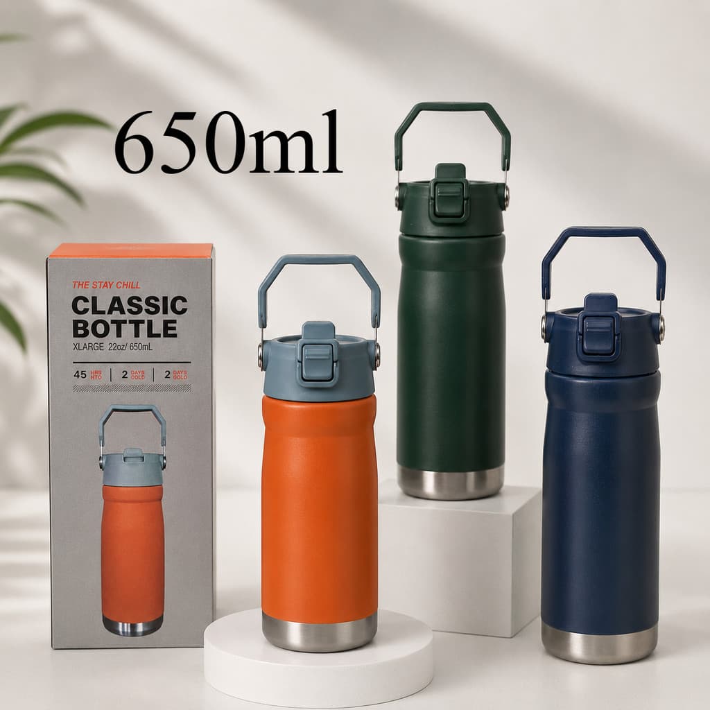 Garrafa Térmica Aço inox 650ml Parede Dupla com Canudo Flip, Alça Portátil  MARAVILHA