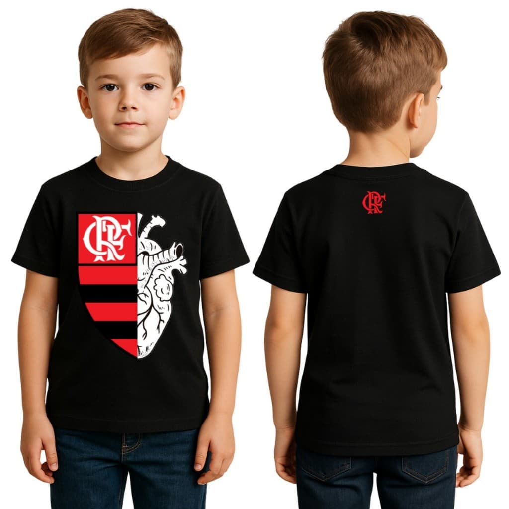 Camiseta Times Blusa Infantil Juvenil 100% Algodão Preta Coração Escudo Futebol, Camisa adulto