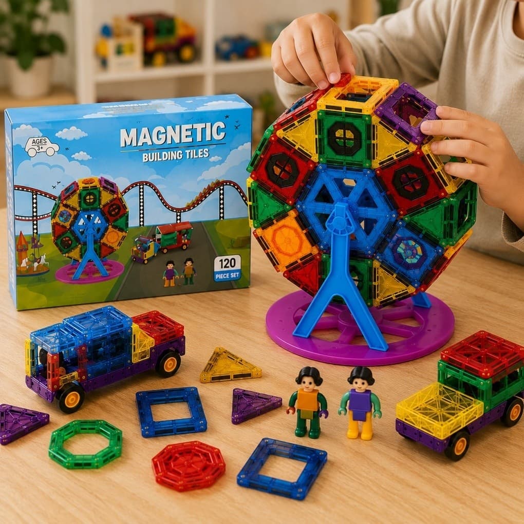 Kit de Construção Magnética Infantil 120 Peças | Blocos Educativos para Montagem  | Roda-Gigante, Carros e Personagens