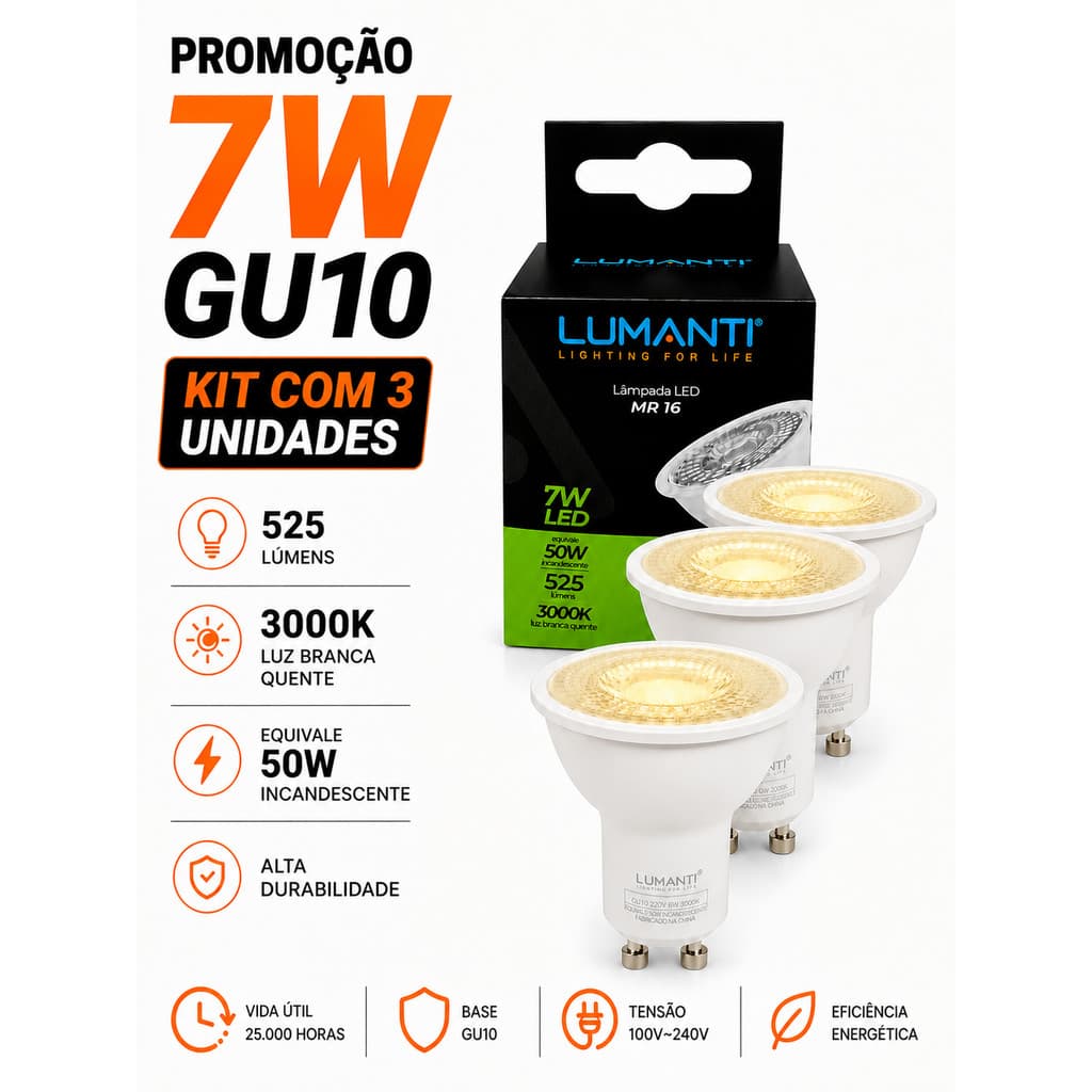 Kit 3 Lampada Led Dicroica Mr16 Gu10 7w 3000k Bivolt 525Lumens Lumanti