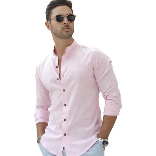 Camisa Social Gola Padre Rosa Manga Longa De Linho