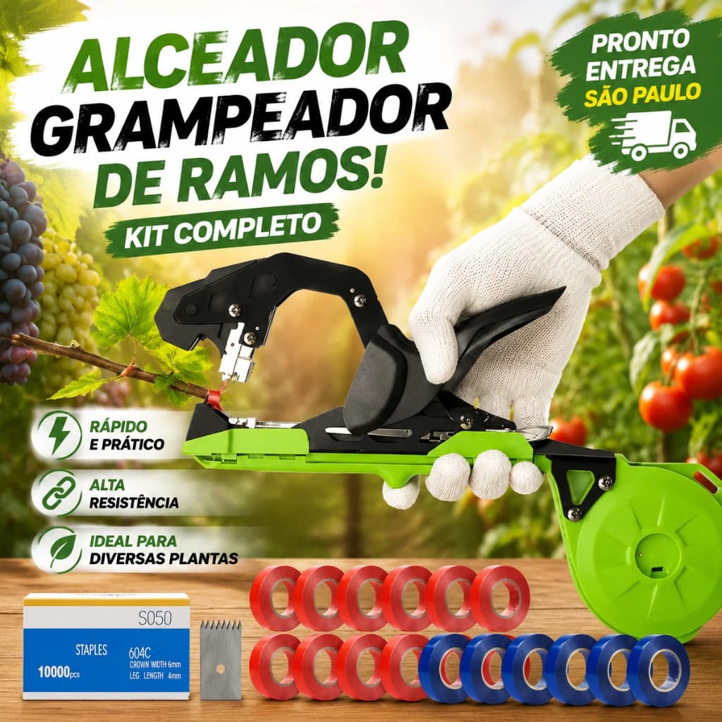 Alceador Grampeador De Ramos Para Uva Tomate Com 10 Fitas E 10 Mil Grampos