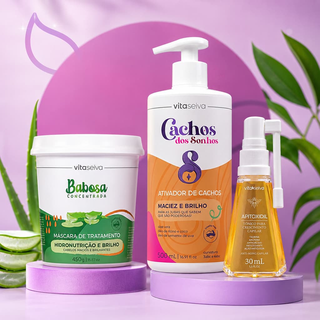 Kit Vita Seiva Cachos dos Sonhos | Ativador de Cachos 500ml + Máscara Babosa 450g + Tônico Capilar Apitoxidil 30ml Cj/Un